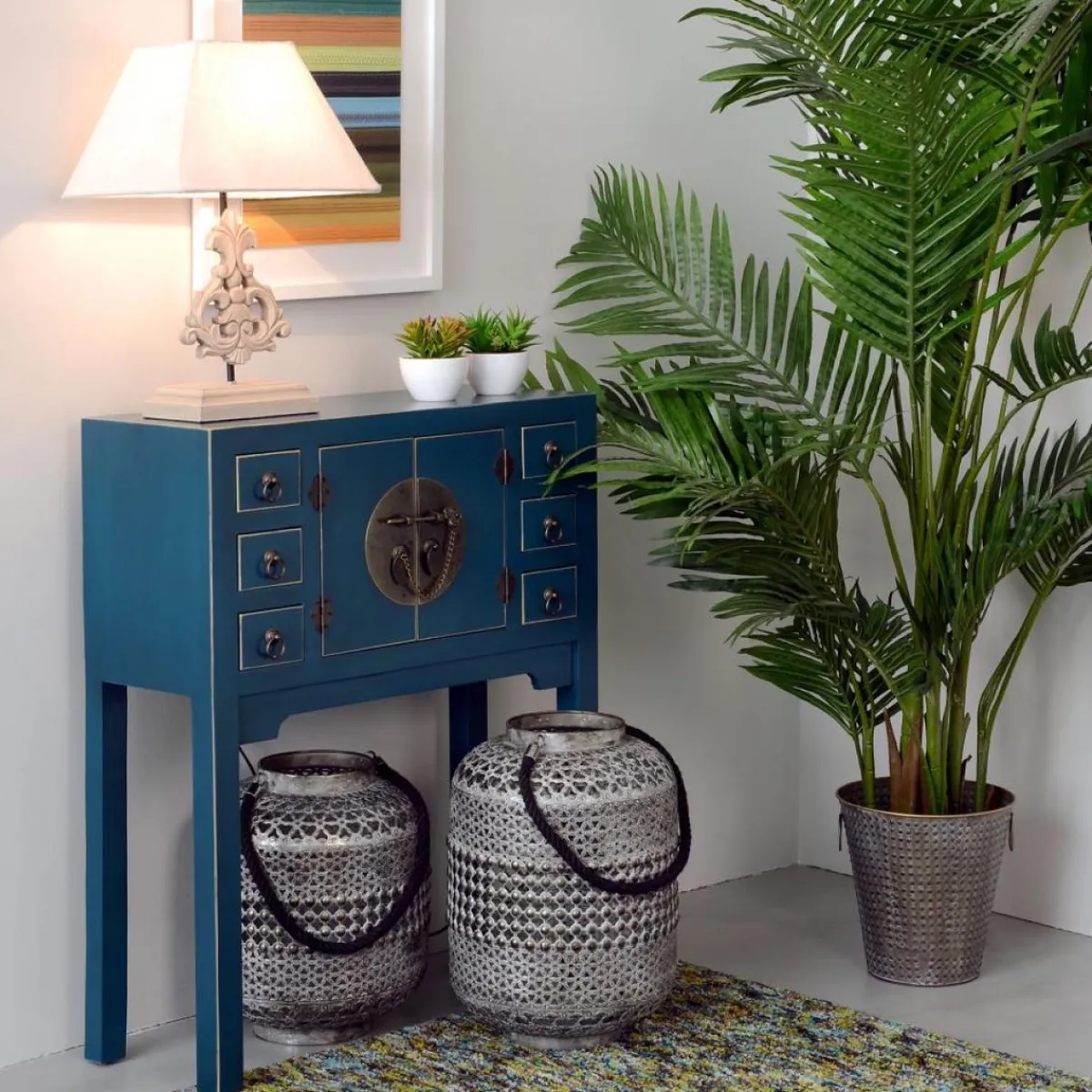 Fashion MyMobel Consola 2 puertas y 6 cajones azul dm 63 x 26 x 80 cm